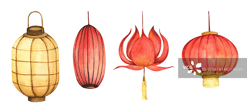 一套中国传统纸灯笼。水彩插图。图片素材