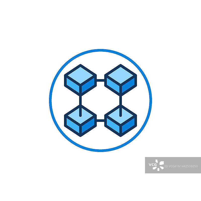 圆形与四个连接块现代图标。区块链技术矢量蓝色圆符号图片素材