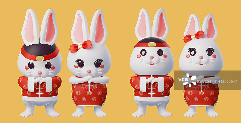 兔子卡通吉祥物穿着传统服装谢谢你的姿势为中国新年的概念与剪影路径，3d渲染图片素材