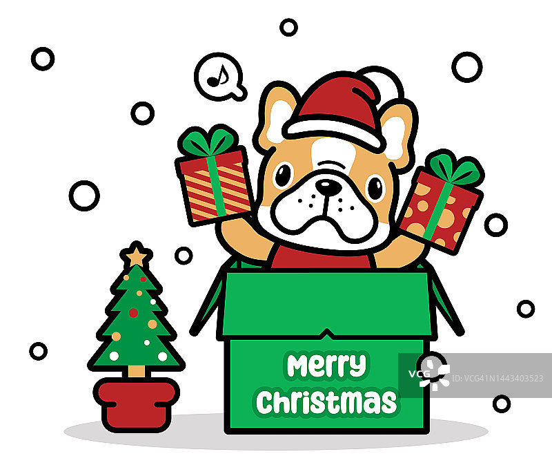一只可爱的狗狗戴着圣诞帽在盒子里展示圣诞礼物图片素材