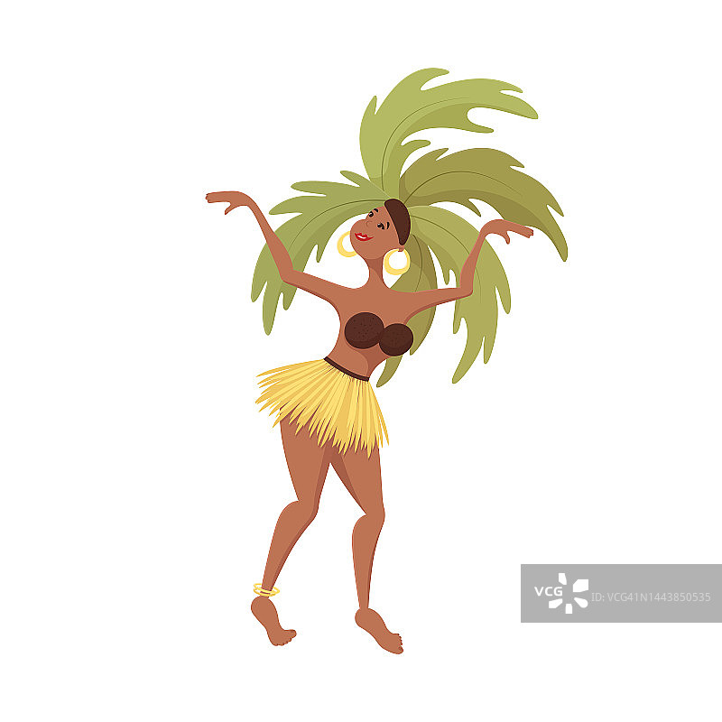 有趣的掌女角色。异国风情的夏威夷人在海滩上跳舞。年轻美丽的黑人女孩跳着传统的热带舞蹈。非洲女人穿着草编裙子，椰子胸罩，耳环，手镯图片素材