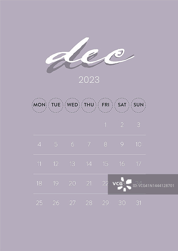 创意最小业务每月2023日历模板矢量。桌面，墙壁日历打印，数字日历或计划。下周一开始。简单的现代年历版式设计。12月图片素材