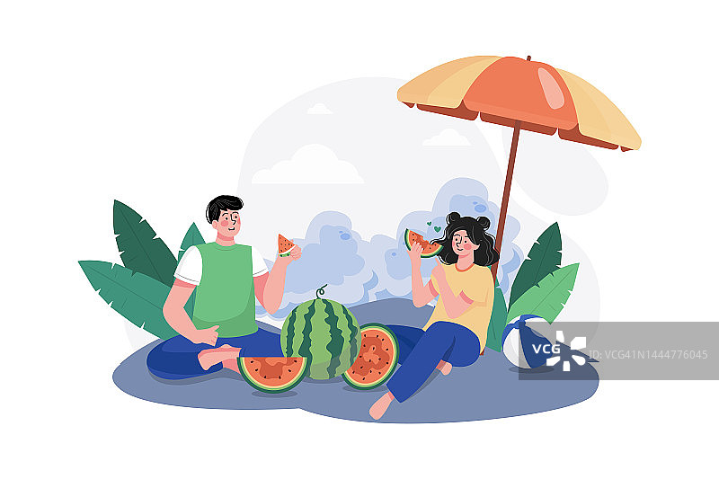 吃瓜的人插图概念。孤立在白色背景上的平面插图图片素材