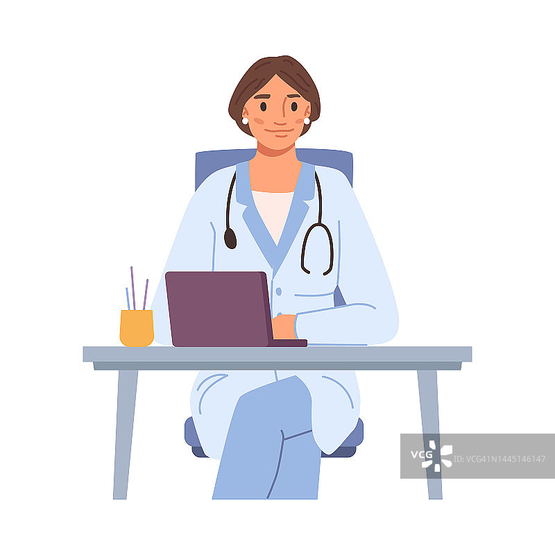 医生预约或咨询，孤立的妇女在笔记本电脑上工作。配备听诊器的专业医务人员。平面卡通人物，平面风格的矢量图片素材