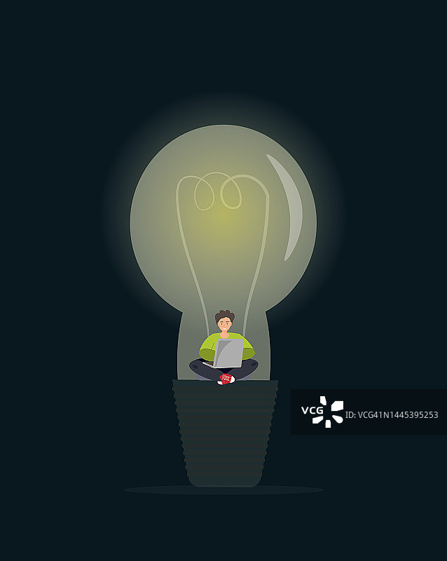 在灯泡里用笔记本电脑工作的人，有创意的想法，启动概念，发明概念，平面矢量插图图片素材
