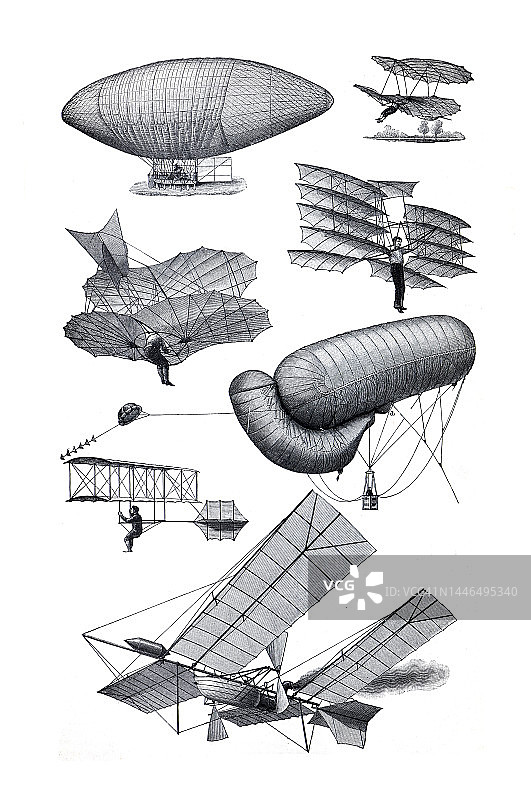 第一次收集飞机。收集了最早的飞机，像齐柏林飞艇和利连塔尔。手绘雕刻古董插图。图片素材