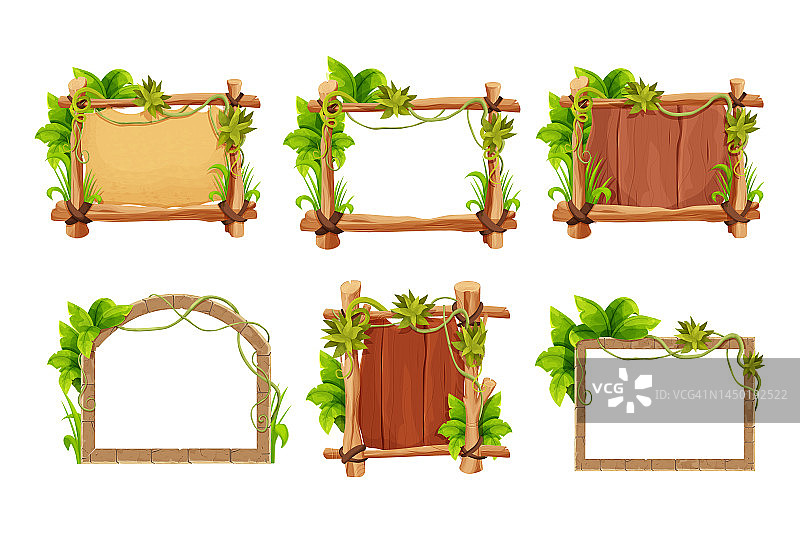 设置框架从木棍，木板，石头砖与草和藤本植物，丛林树叶在漫画风格孤立的白色背景。边界，丛林面板纹理和详细。游戏资产，菜单。图片素材