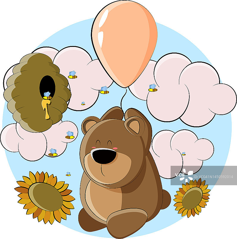 一只可爱的熊坐着气球飞到蜂巢去看那里是否有蜂蜜图片素材