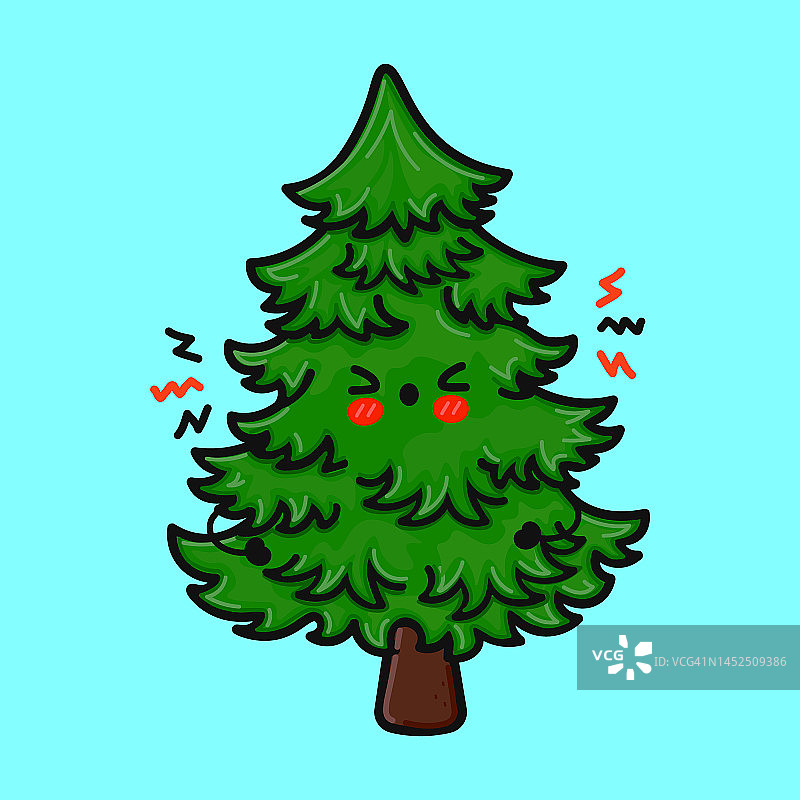 可爱有趣的跳跃圣诞树。矢量手绘卡通卡哇伊人物插图图标。孤立在蓝色背景上。云杉人物概念图片素材
