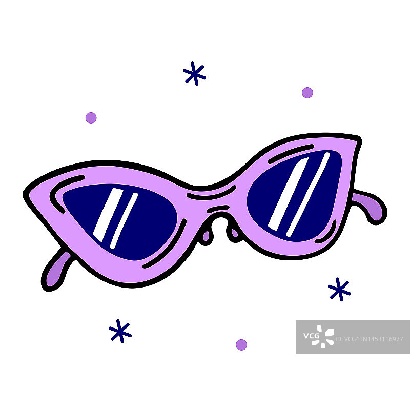 太阳镜矢量图标。时尚的紫色椭圆形镜框眼镜。手绘简单的涂鸦孤立在白色上。绝妙的时尚配饰。平面卡通剪贴画，70年代，80年代风格。为标志，网络，应用程序图片素材