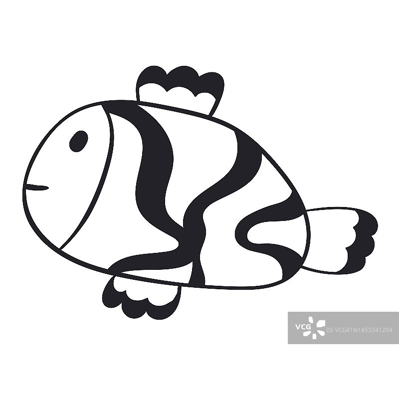 矢量孤立的涂鸦插图的鱼。黑白图像用于儿童着色。图片素材