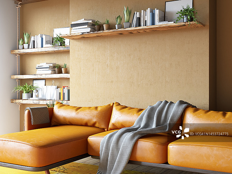 舒适的房间，书籍皮革沙发和Epty米色墙图片素材