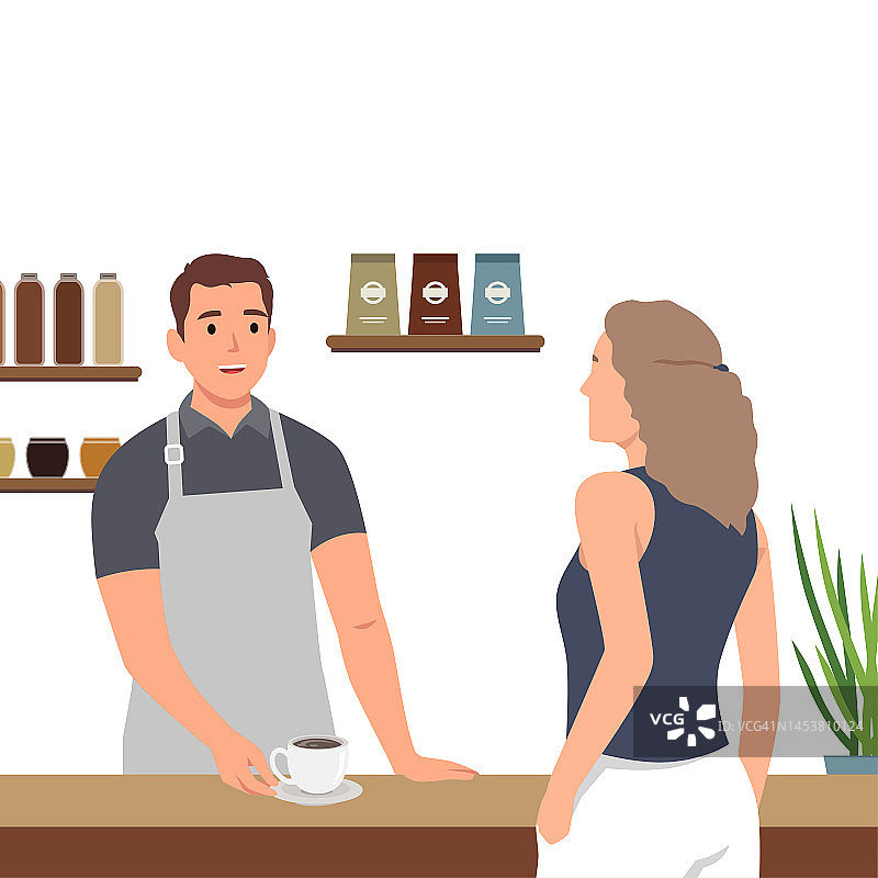 年轻人为客户制作咖啡平面矢量插图。站在柜台后面的男子提供热饮。平面矢量插图孤立在白色背景上图片素材