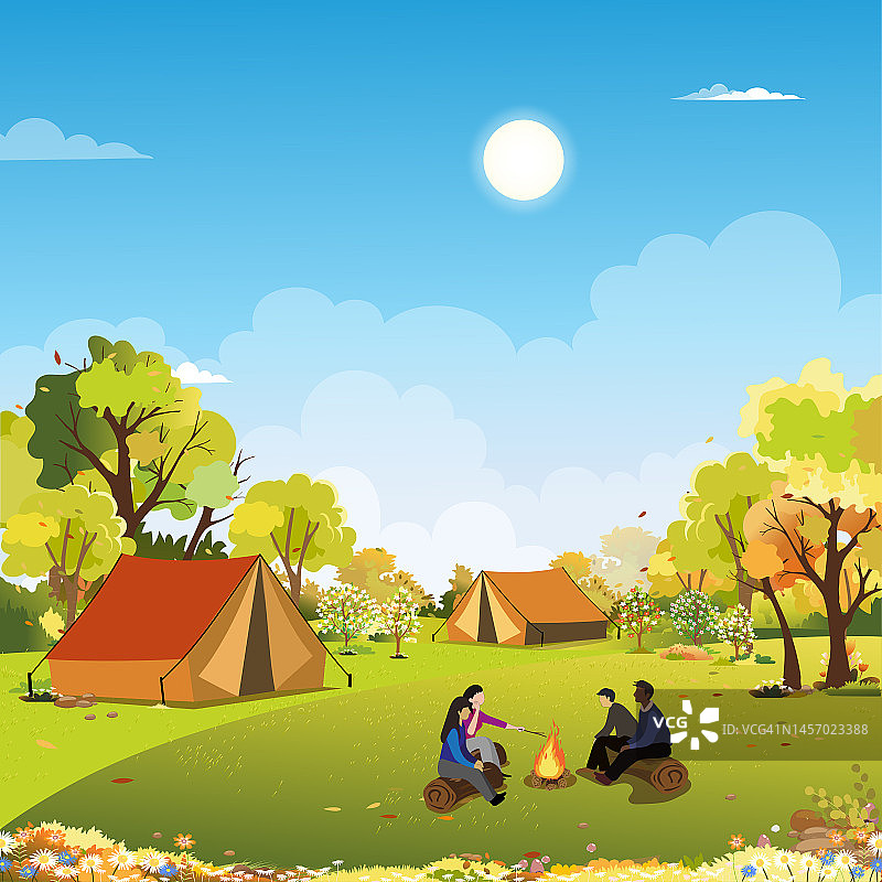 春天的背景与家庭享受假期露营在乡村，一群人坐在帐篷和篝火一起聊天，矢量乡村景观在夏天森林树图片素材