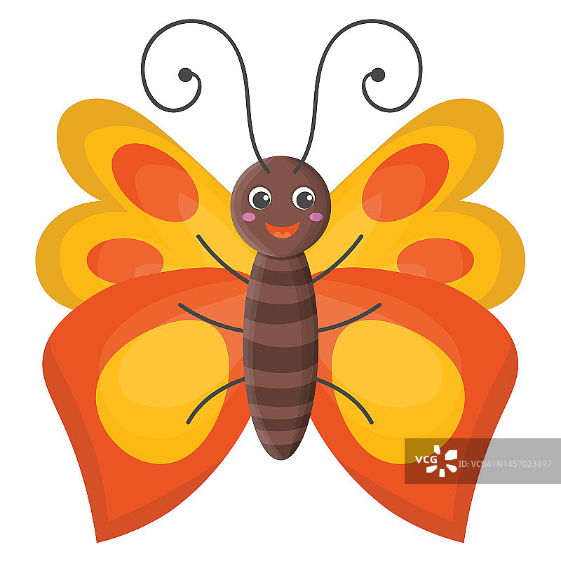 可爱的卡通快乐的蝴蝶人物在儿童平面风格孤立的白色背景。红黄相间的翅膀，欢快的夏虫。图片素材