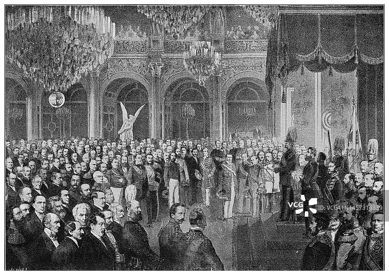 1867年2月24日，德国，德国皇帝威廉一世的旧雕刻插图，为北德意志联邦的第一个国会大厦揭幕图片素材