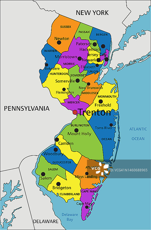 彩色的新泽西政治地图，有清晰的标签，分层。矢量插图。图片素材