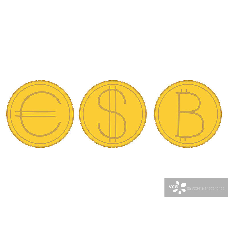 白色背景上的欧元、美元和比特币金属硬币。图片素材