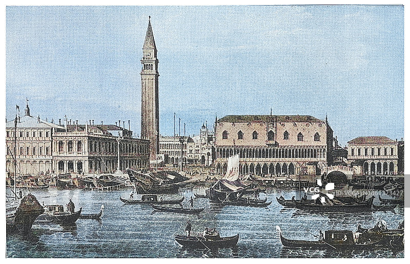 Old engraved illustration of St Mark's Campanile (Campanile di San Marco or Canpanièl de San Marco) the bell tower of St Mark's Basilica in Venice, Italy图片素材