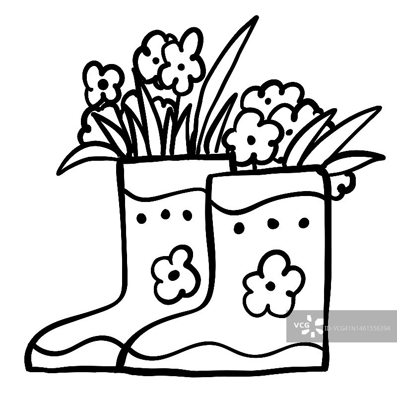 白色背景上有花朵的胶靴春天。涂鸦。矢量插图。完美的着色书，贺卡，打印，邀请。图片素材