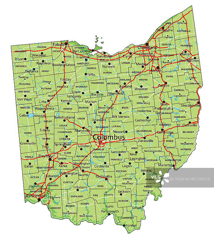 高度详细的俄亥俄州物理地图与标签。图片素材