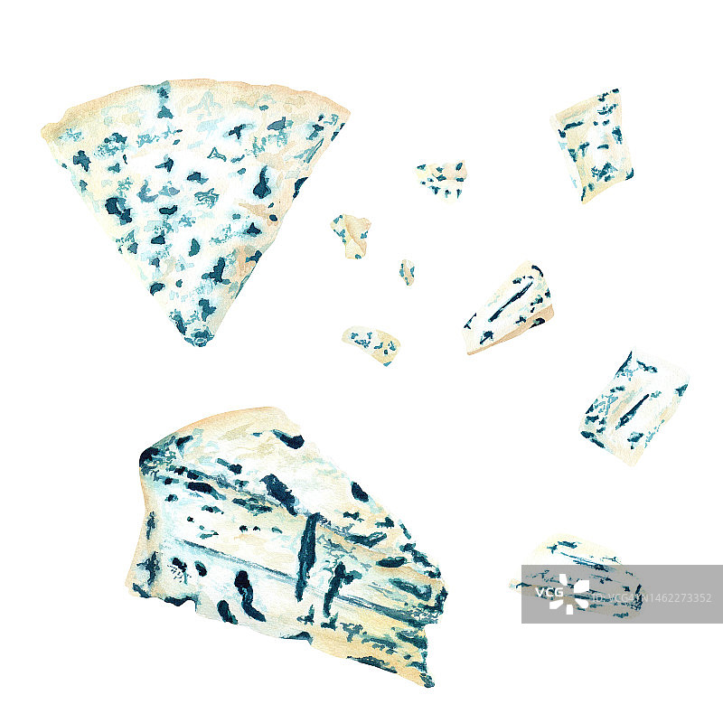 蓝色的羊乳干酪如戈尔根佐拉干酪，羊乳干酪。水彩食品插图孤立在白色图片素材