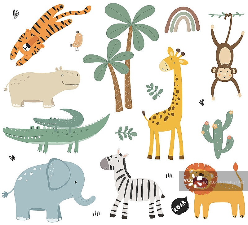 一组可爱的非洲动物。大象，老虎，狮子，长颈鹿，河马，斑马，猴子，鳄鱼和鸟。图片素材