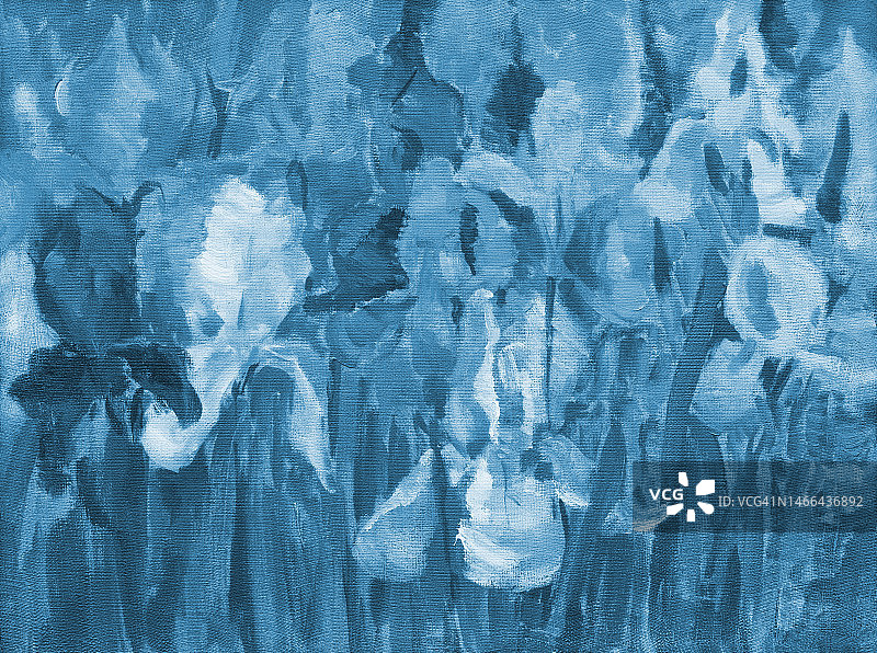 插图油画在蓝色的山水花鸢尾花盛开在花坛的叶子的芽的背景图片素材