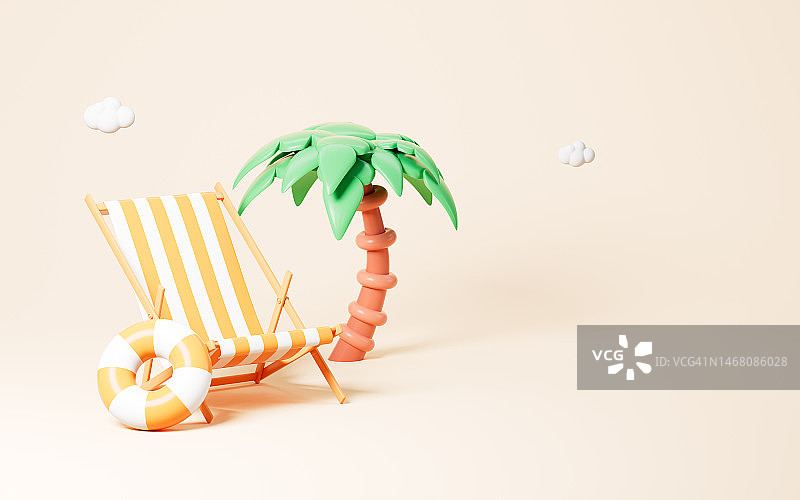 沙滩椅和棕榈，夏季旅游主题，3d渲染。图片素材