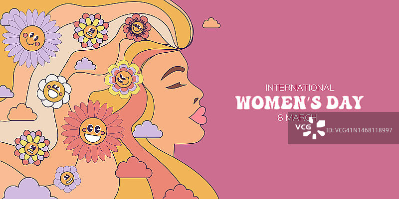 七十年代复古花权力背景与嬉皮花。国际妇女节。3月8日。母亲的一天。女人花的侧面。彩色粉彩插图在70年代60年代的复古风格。图片素材