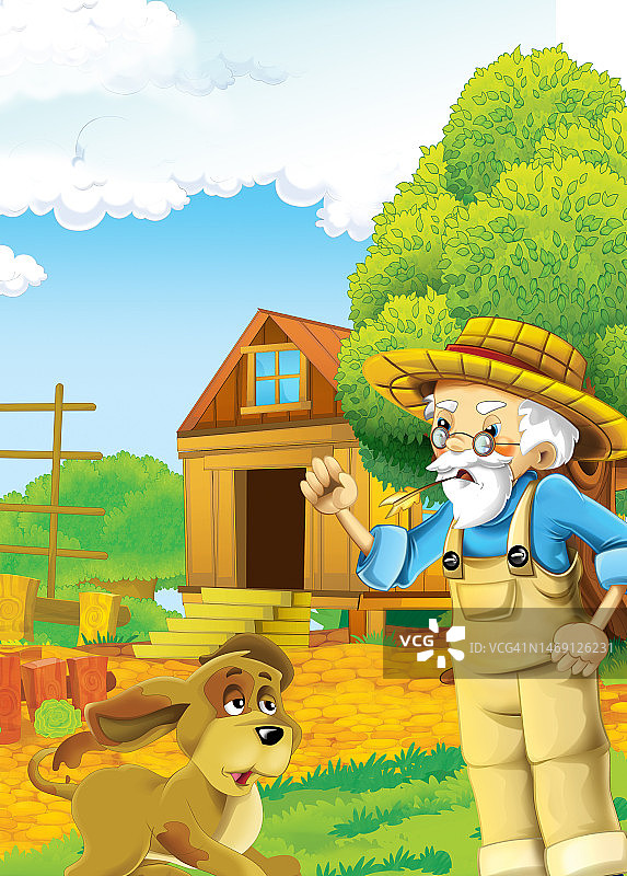 卡通快乐农场场景-农场男子快乐的白色背景-儿童插图图片素材