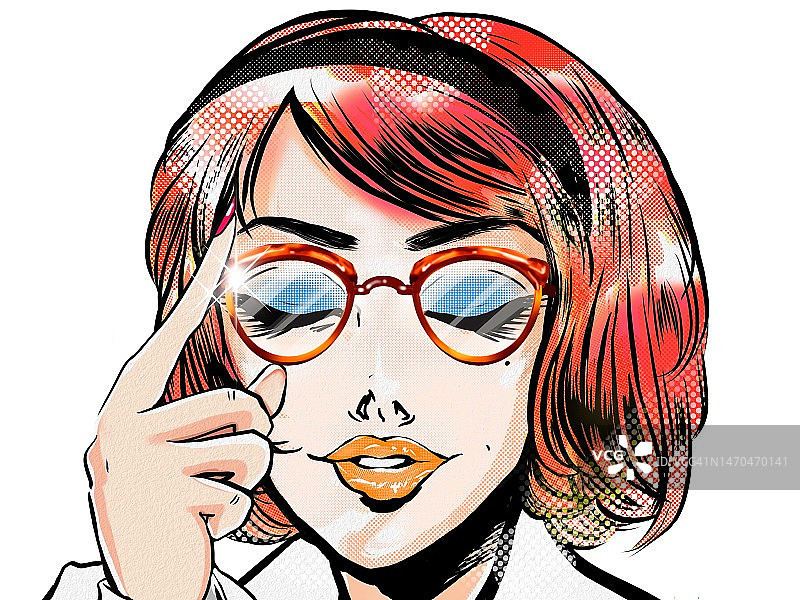 一位漂亮的红发美国秘书微笑着把眼镜戴回60年代美国连环漫画的风格。图片素材