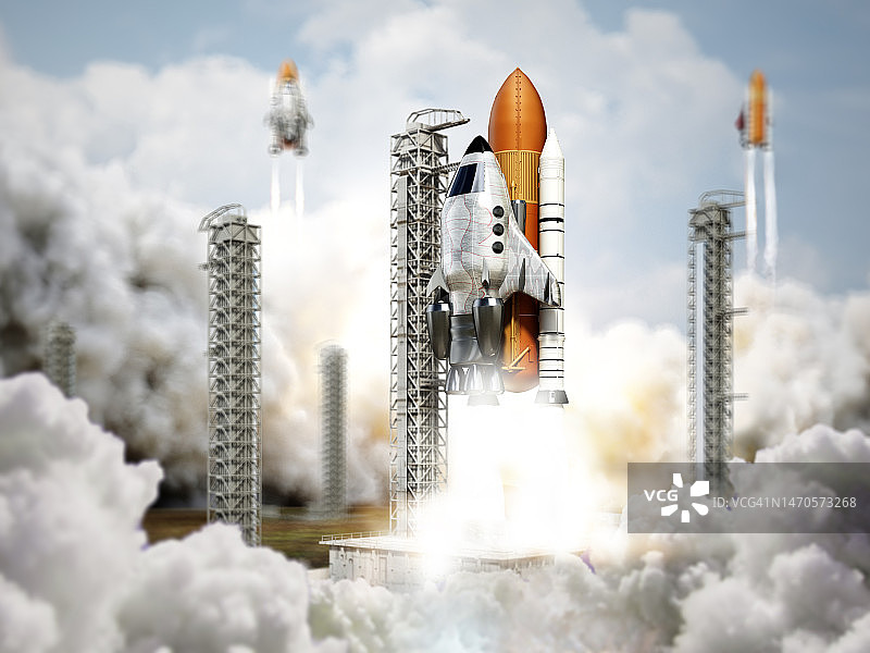 未来航天飞机的发射。太空火箭起飞的3D插图图片素材