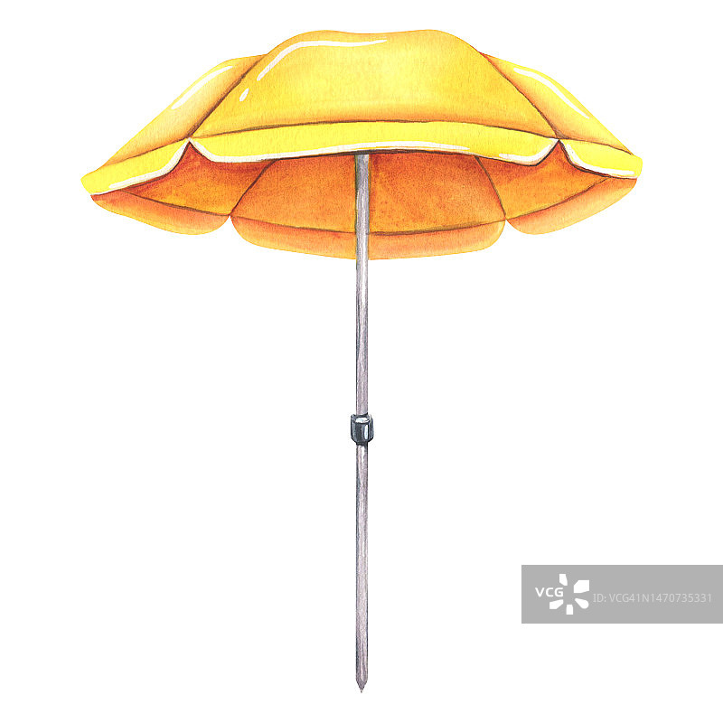 黄色，织物，遮阳的沙滩伞。水彩插图。从海滩度假收集的白色背景上孤立的对象。适合夏季及酒店装修设计。图片素材