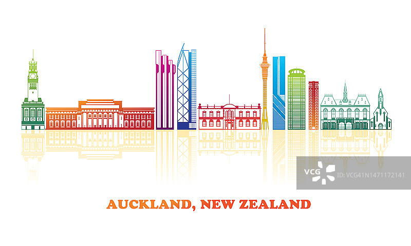 色彩丰富的城市天际线全景奥克兰，新西兰图片素材