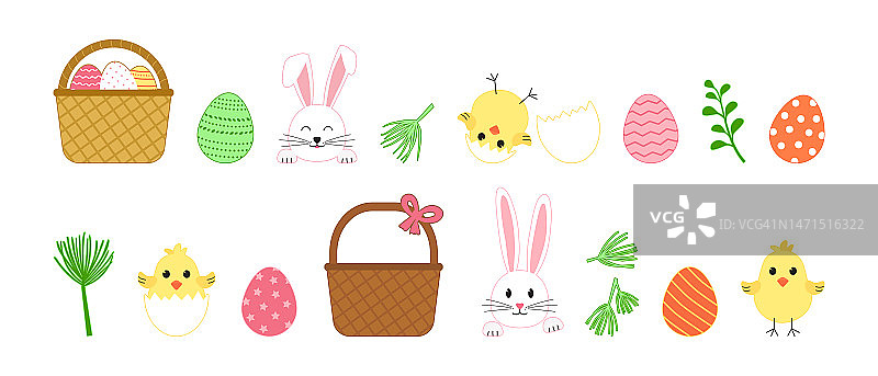 复活节可爱的矢量集，兔子，鸡蛋，兔子，篮子，小鸡和花。卡通春天元素集合，搞笑图标。假日插图图片素材
