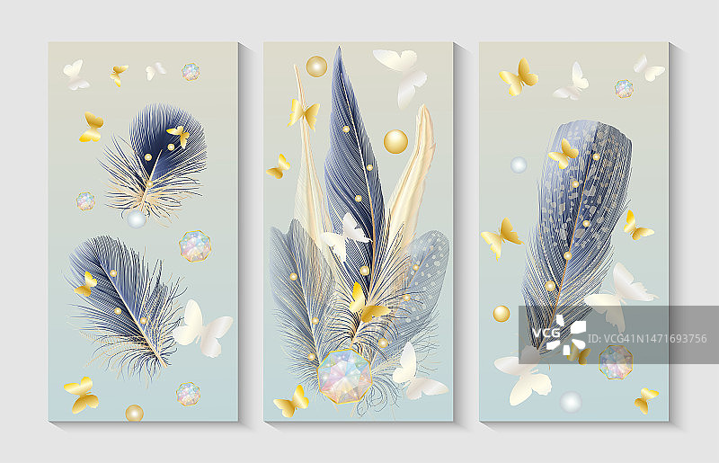 一套现代创意金和蓝色羽毛和蝴蝶。用于家庭装饰、横幅和印刷品的插图。矢量插图。图片素材