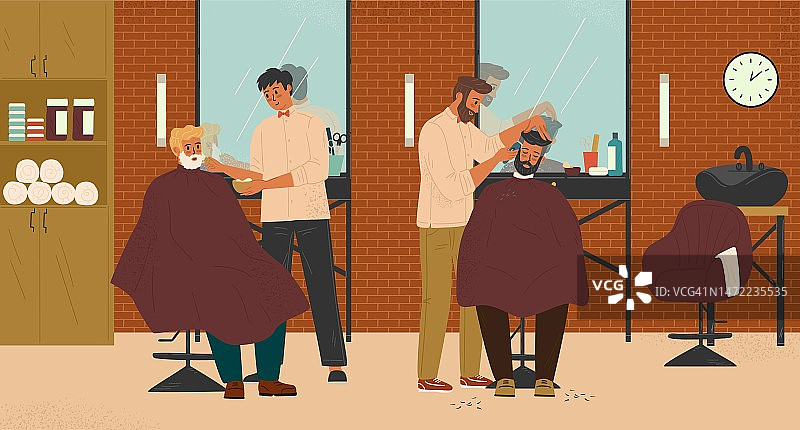 两名理发师在理发店为客户理发，矢量插图。理发店室内设计有椅子、镜子。理发师，发型师剪头发，做男士发型，剃胡子图片素材