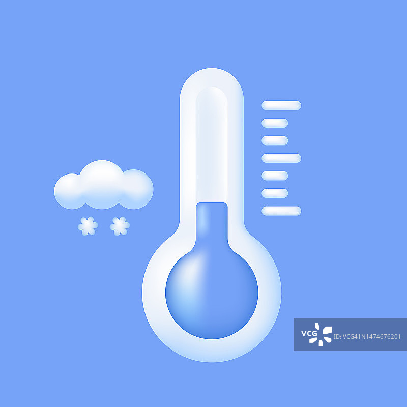 3D温度计测量寒冷。霜雪天气的标志。测量温度、预报、气候和气象学概念。图片素材