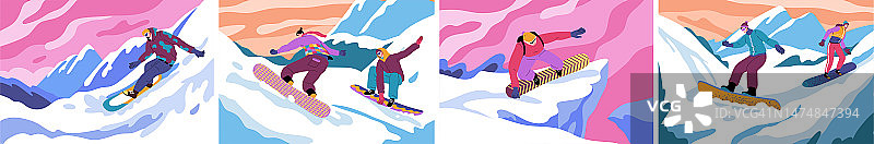 冬季单板滑雪运动，运动员人物场景。滑梯带雪景，自由滑行下坡。极端的生活方式。青年男女活动。矢量卡通精确插图图片素材