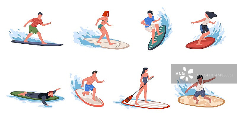 海滩冲浪。快乐的年轻运动员用木板解剖波浪，夏日沙滩极限海上运动，活跃的人们冲浪海洋，男女泳装，如今矢量卡通平集图片素材