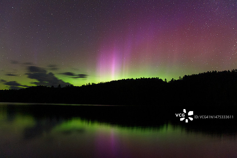 在加拿大安大略省的夜晚，北极光反射在湖面上图片素材