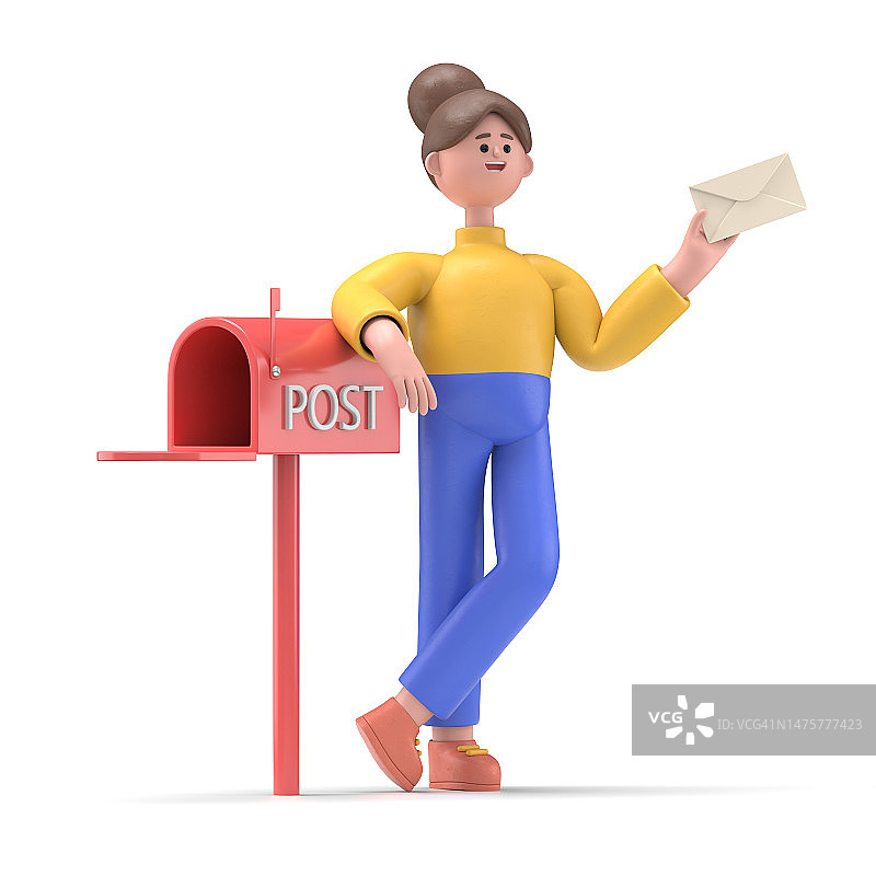 微笑的亚洲女性安吉拉收到了一封重要的信。站在邮箱旁边，拿着一个信封。白色背景上的3D渲染。图片素材