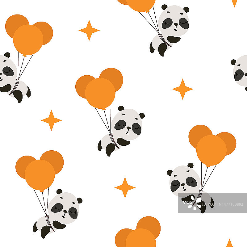 可爱的小熊猫在气球上飞行，无缝的幼稚图案。有趣的卡通动物字符织物，包装，纺织品，壁纸，服装。矢量图图片素材