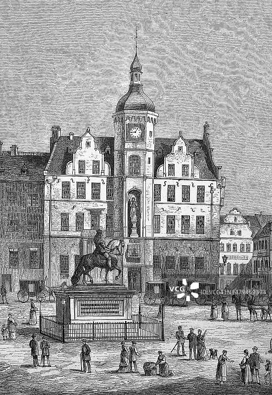 德国杜塞尔多夫旧市政厅的历史插图，历史性的，19世纪原始艺术品的数字修复复制品，确切的原始日期未知图片素材