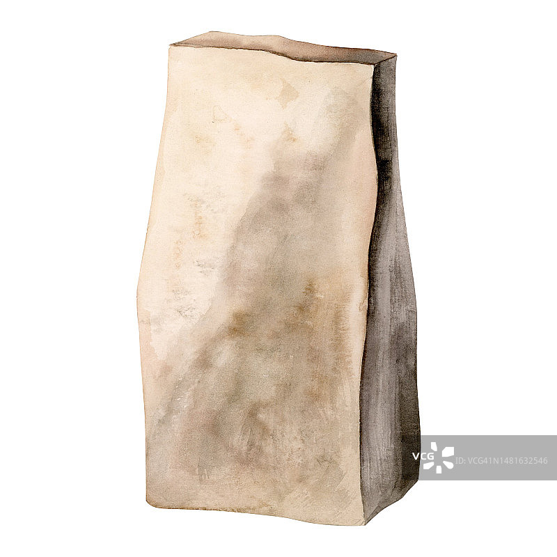 杂货店回收纸袋水彩插图孤立的白色背景。棕色工艺袋，产品，食品或鲜花。生态友好的剪纸图片素材