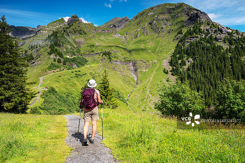瑞士旅游-女子徒步穿越山景小径在瑞士阿尔卑斯山在少女峰地区。图片素材