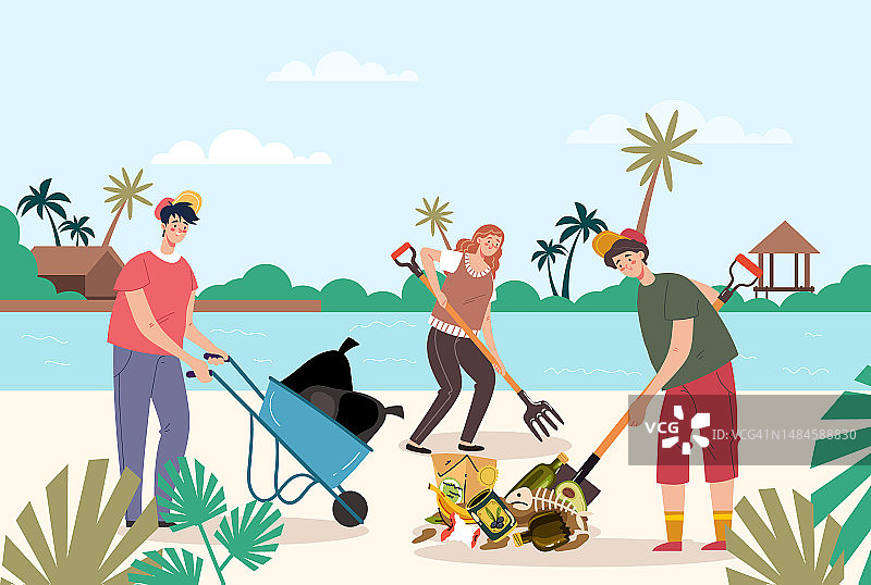 人们清洁海滩清理垃圾垃圾海洋垃圾的概念。矢量图形设计插图图片素材