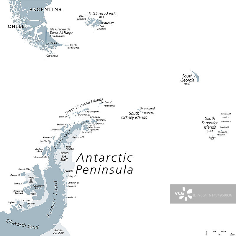 南极半岛地区，从巴塔哥尼亚到南极洲，灰色政治地图图片素材