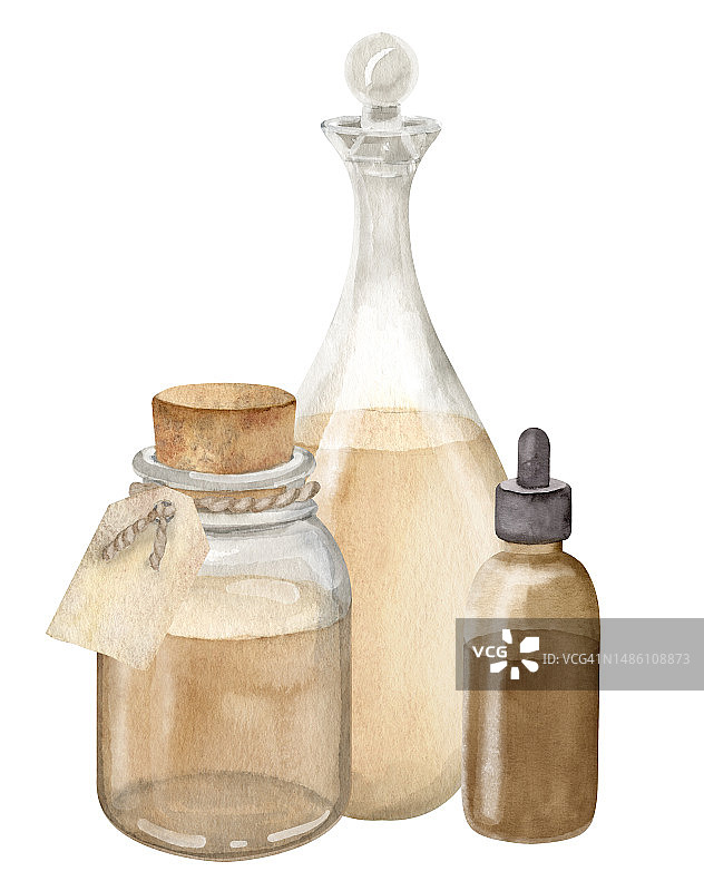 香薰和药房用香薰精油玻璃瓶和滗水器。在孤立的背景上手绘水彩插图。天然化妆品或药物的绘画图片素材